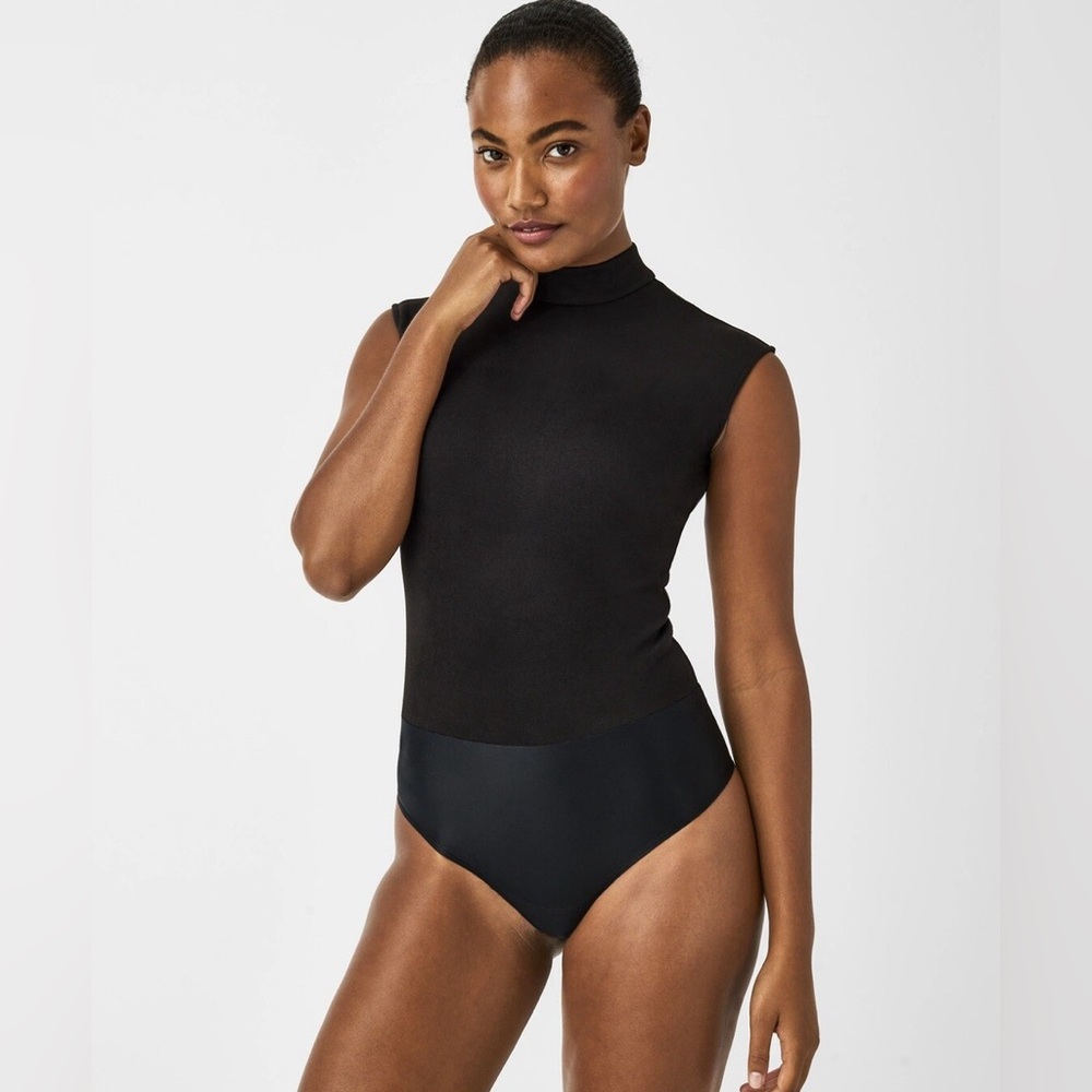 Spanx Faux Suede Mock Neck Bodysuit- Black - Size XS
